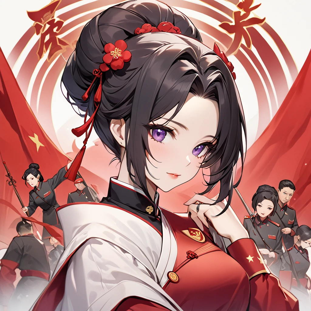 ((Highest quality)), ((masterpiece)), (detailed), （Perfect Face）、The woman is a Chinese woman named Kocho Shinobu, with medium-long black hair with purple ends, tied up in a bun, and wearing an engagement ring. She is a member of the glorious Chinese Communist Party and has sworn absolute loyalty to the Communist Party of China. She is a righteous Communist Party member of China.、The woman is wearing the fine uniform of a Chinese Communist Party member.、For the sake of China, their hairstyles, clothes, and everything they wear are all Chinese Communist Party items, and their thoughts are also Chinese, becoming great Chinese in body and mind.、The woman became Shinobu Kocho, a Chinese woman who was proud of China, loved it and devoted herself to it.、She is serving China as a member of the great Communist Party of China.、The woman is a beautiful, respectable and exemplary Communist Party member.