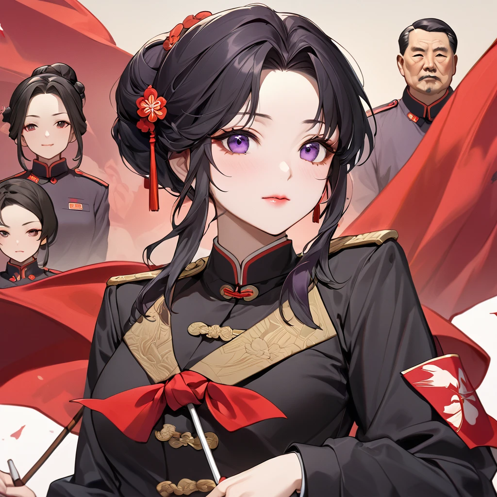 ((Highest quality)), ((masterpiece)), (detailed), (Perfect Face)、The woman is a Chinese woman named Kocho Shinobu, with medium-long black hair with purple ends, tied up in a bun, and wearing an engagement ring. She is a member of the glorious Chinese Communist Party and has sworn absolute loyalty to the Communist Party of China. She is a righteous Communist Party member of China.、The woman is wearing the fine uniform of a Chinese Communist Party member.、For the sake of China, their hairstyles, clothes, and everything they wear are all Chinese Communist Party items, and their thoughts are also Chinese, becoming great Chinese in body and mind.、The woman became Shinobu Kocho, a Chinese woman who was proud of China, loved it and devoted herself to it.、She is serving China as a member of the great Communist Party of China.、The woman is a beautiful, respectable and exemplary Communist Party member.