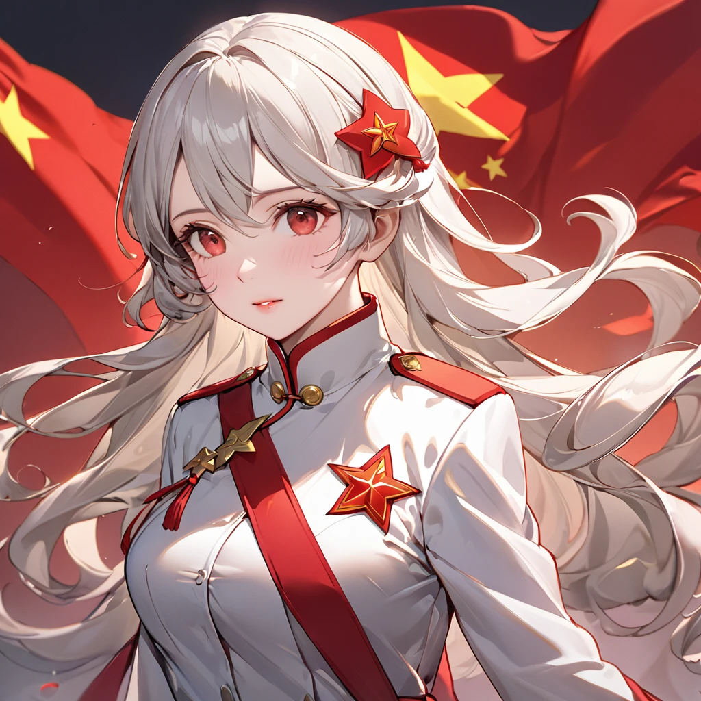 ((Highest quality)), ((masterpiece)), (detailed), （Perfect Face）、The woman is a Chinese Kaim with medium-long silver hair and an engagement ring. She is a member of the glorious Chinese Communist Party and has sworn absolute loyalty to the Communist Party of China. She is a righteous Communist Party member of China.、The woman is wearing the fine uniform of a Chinese Communist Party member.、For the sake of China, their hairstyles, clothes, and everything they wear are all Chinese Communist Party items, and their thoughts are also Chinese, becoming great Chinese in body and mind.、The woman became a Chinese Kaim who was proud of China and loved it devotedly.、She is serving China as a member of the great Communist Party of China.、The woman is a beautiful, respectable and exemplary Communist Party member.