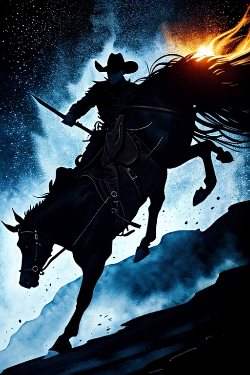 ink painting style with black ink, cowboy riding at midnight through and Erie canyon, best quality 8k, ink painting style, dynamic composition, powerful composition, flashy effects, sparkle effect, sleek design, detailed depiction, hyper realistic, highly detailed illustration, write more, ink painting style