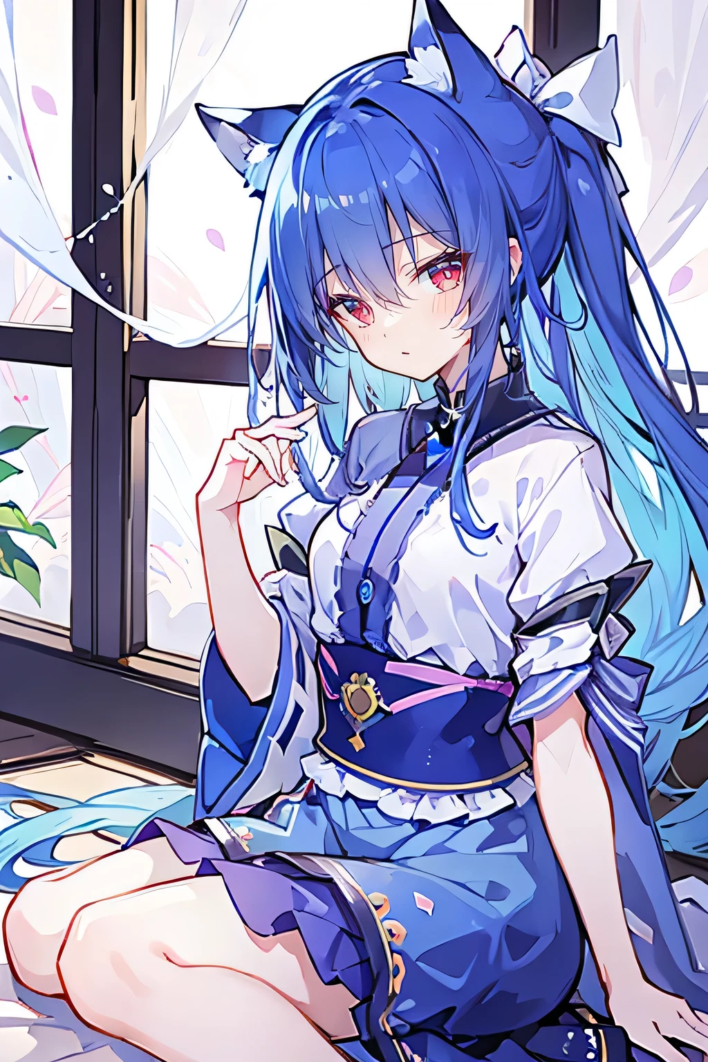 (Masterpiece:1.2)，Ultra-detailed，lifelike，The eyes are expressive，Fair skin，Perfect face shape，1 girl，Japanese Manga，Gorgeous blue hair，Flowing blue hair，Flowing clothes，Cat ears，Petals falling，Shy face，sitting on window，Place your hand on your lips，