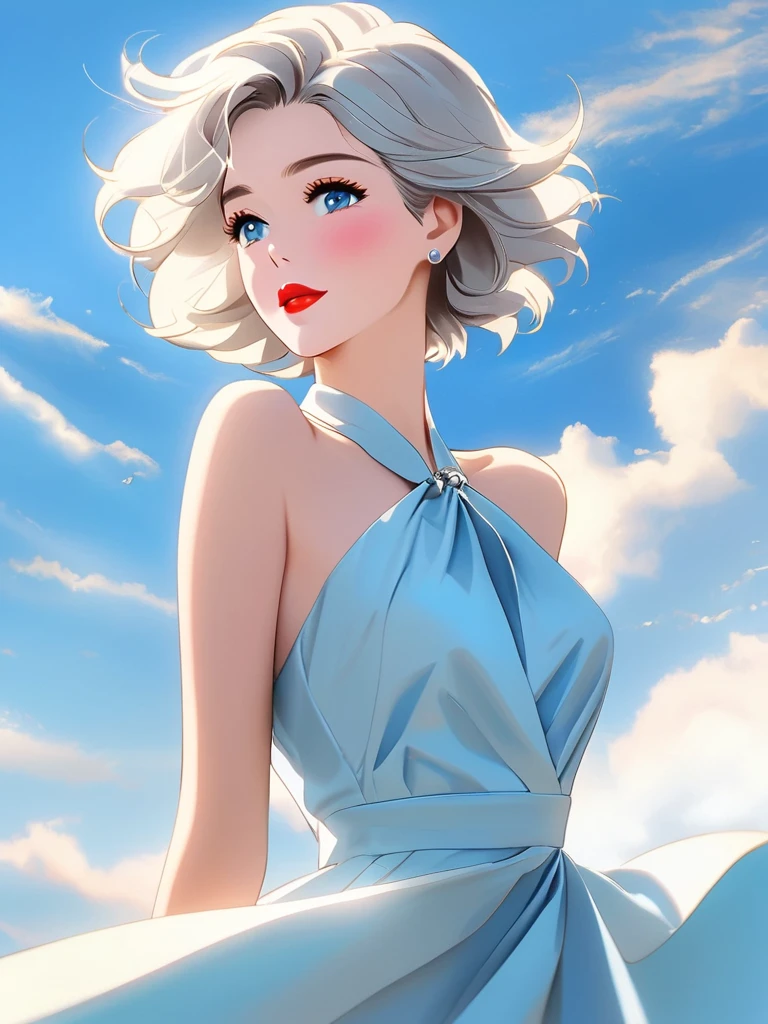 Best quality, pastel color theme, sky background, beautiful face and skin, (1 adult female), close up on lips, pale face, short hair, windblown, silver hair, (shiny red lips tightly closed), blue topaz eyes, slanted eyes, model pose, full body, wide angle, cleavage, loose halter neck sleeveless dress,