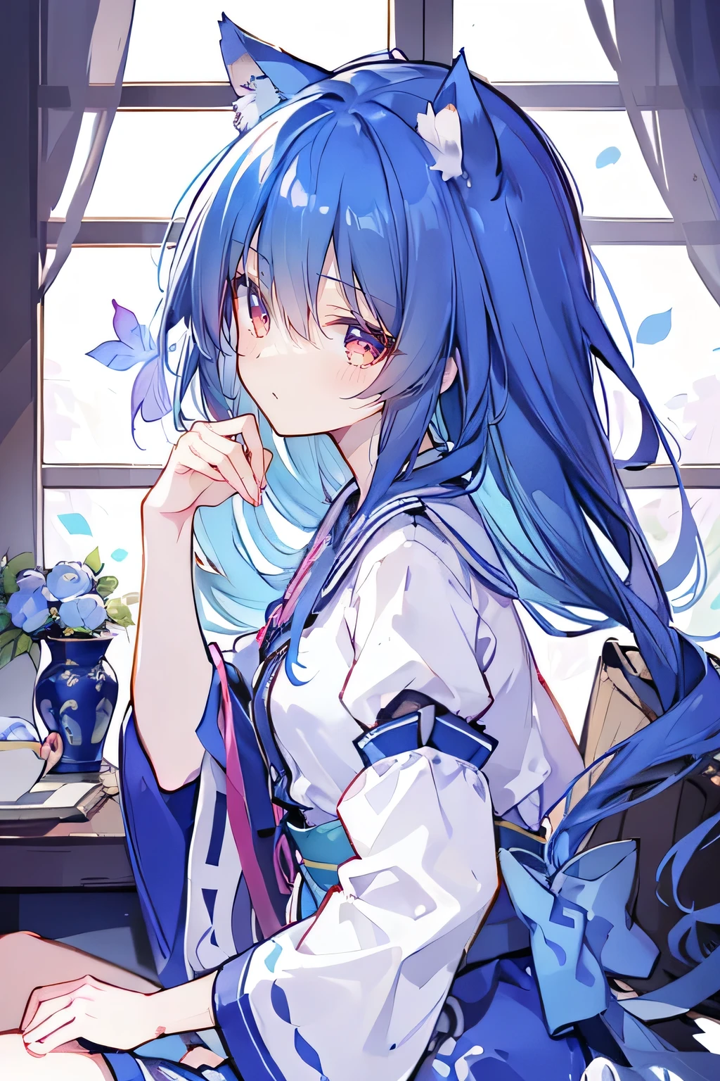 (Masterpiece:1.2)，Ultra-detailed，lifelike，The eyes are expressive，Fair skin，Perfect face shape，1 girl，Japanese Manga，Gorgeous blue hair，Flowing blue hair，Flowing clothes，Cat ears，Petals falling，Shy face，sitting on window，Place your hand on your lips，