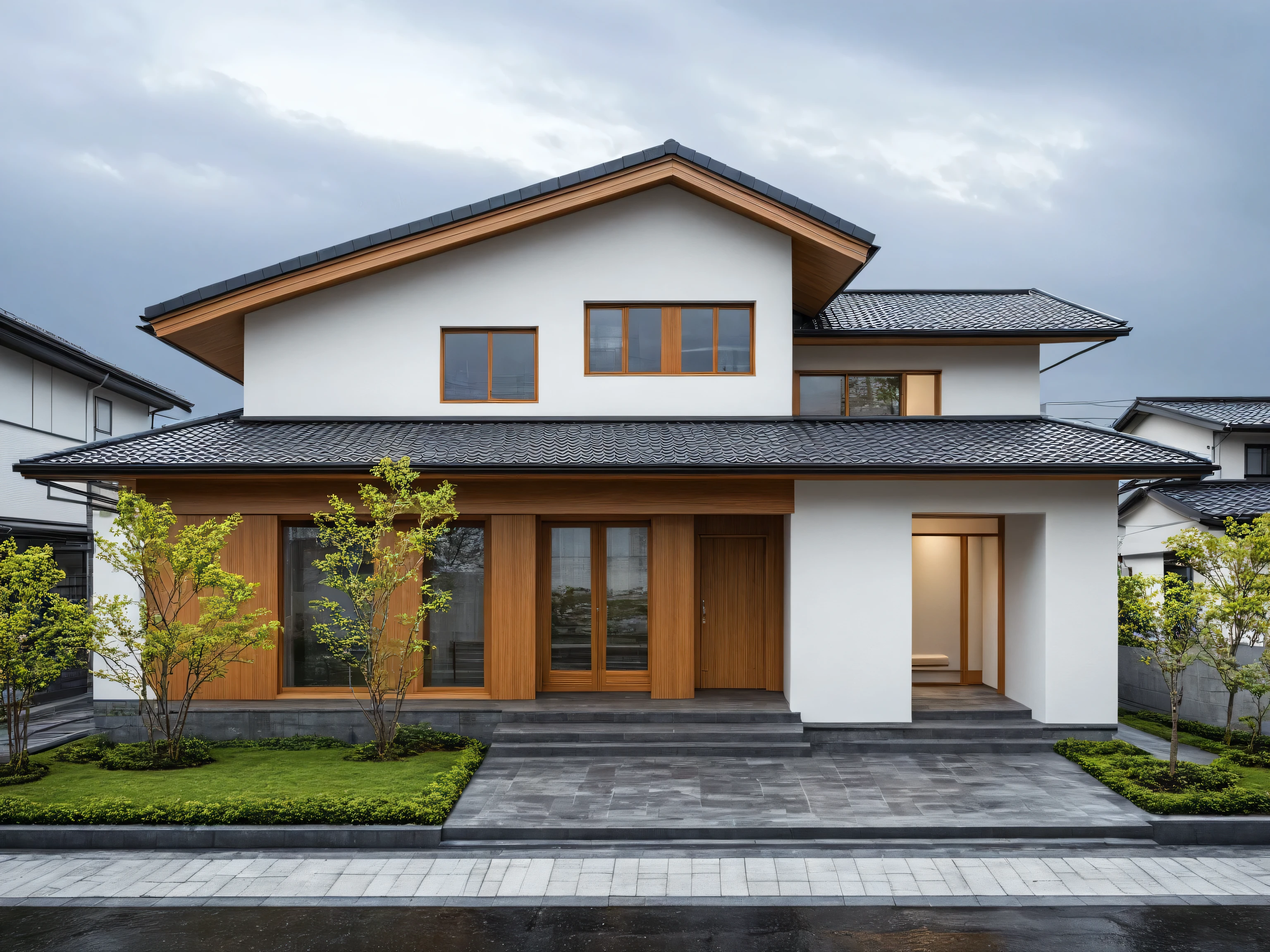 (RAW photo, masterpiece, best quality,ultra-detailed, extremely delicate and beautiful, highresolution, best shadow:1.1), (night, twinklight:1.2), A two-story white house with gable roof, stone cladding, wood cladding, dark gray windows and beige walls, simple modern style, Japanese architecture design, front view, clean background, natural light, architectural photography, architectural render,(Faint light,Damp atmosphere, sad mood, Light rain :1.2)