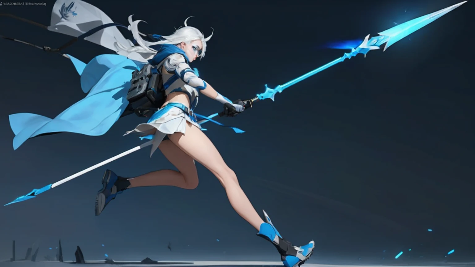 Weapon design of a spear. The flagpole was white and blue, blue light at the tip of the spear, realistic spear, futuristic weapon, blueshift rendering.