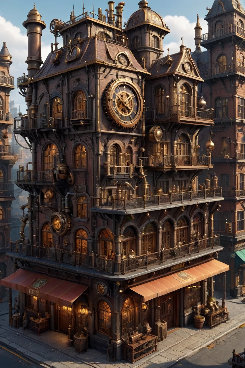 best quality,highres,masterpiece:1.2,ultra-detailed,realistic:1.37,professional,steampunk game asset,stunning 3d rendering,highly detailed building,(isometric view),vibrant colors,meticulously designed architecture,intricate gears and pipes,impressive sense of scale,attention to fine details,brass metal accents,exquisite textures,elaborate decorations,impressive craftsmanship,(flat background color:1.5),moody lighting,captivating atmosphere