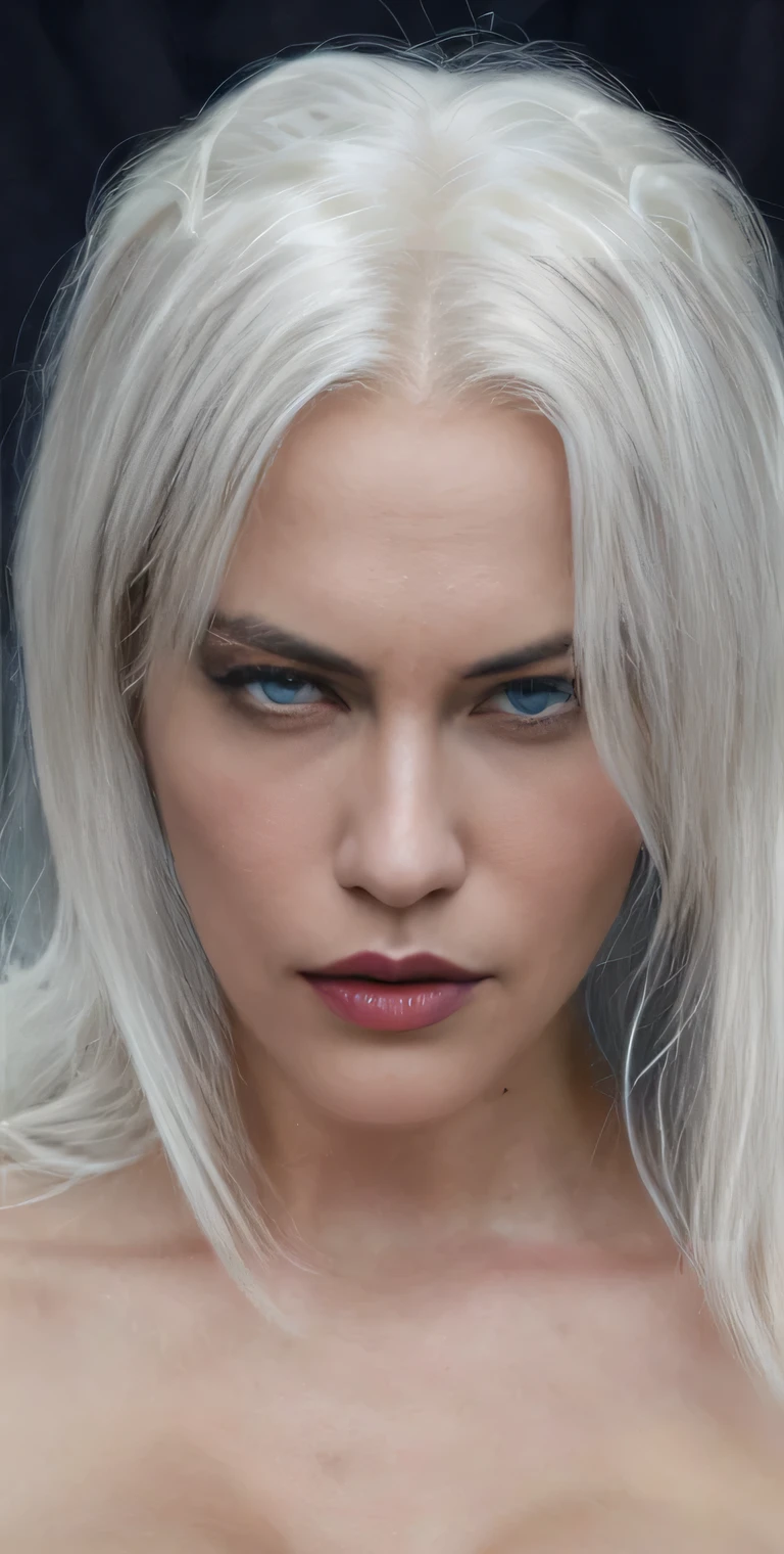 ((a close up of a woman with white hair)), beautiful character painting, ((perfect breast)), epic exquisite character art, stunning character art,((dark gothic style)), (cleavage),((white queen)),, head and breast closeup portrait 