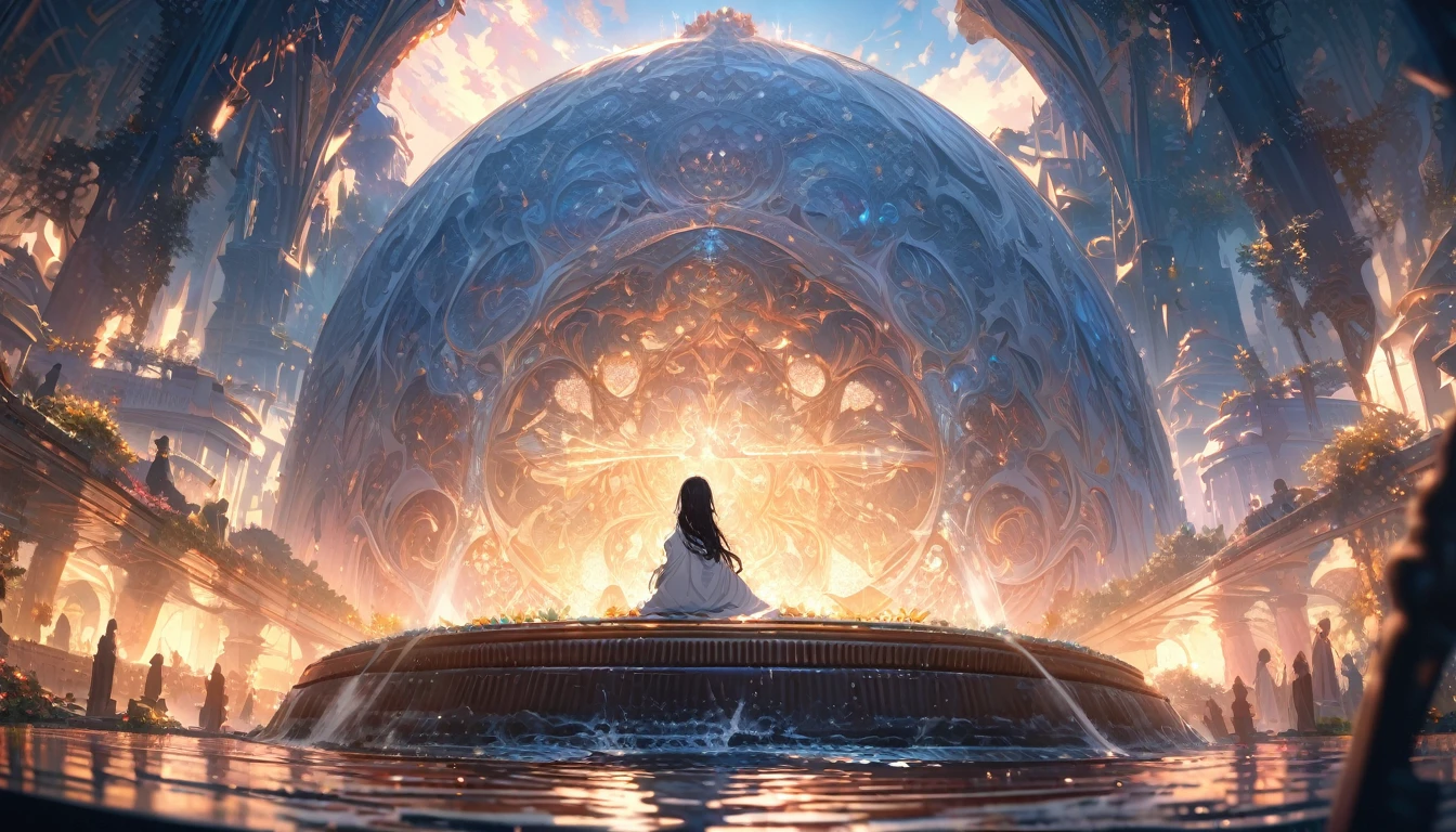 A girl praying in a fountain, Black long hair, A melancholic look, White kimono, masterpiece, best quality, high quality, detailed, ultra detailed, hyper detailed, insanely detailed, exquisite, beautiful, Full-HD, 4K, 8K, 16K, in the morning, beautiful, fantasy, mystical atmosphere, chill atmosphere, classic academia, soft-edged, front view, dynamic angle, wide shot, sunrise, warm lighting, 1/1000 sec shutter speed, in focus with blurred background