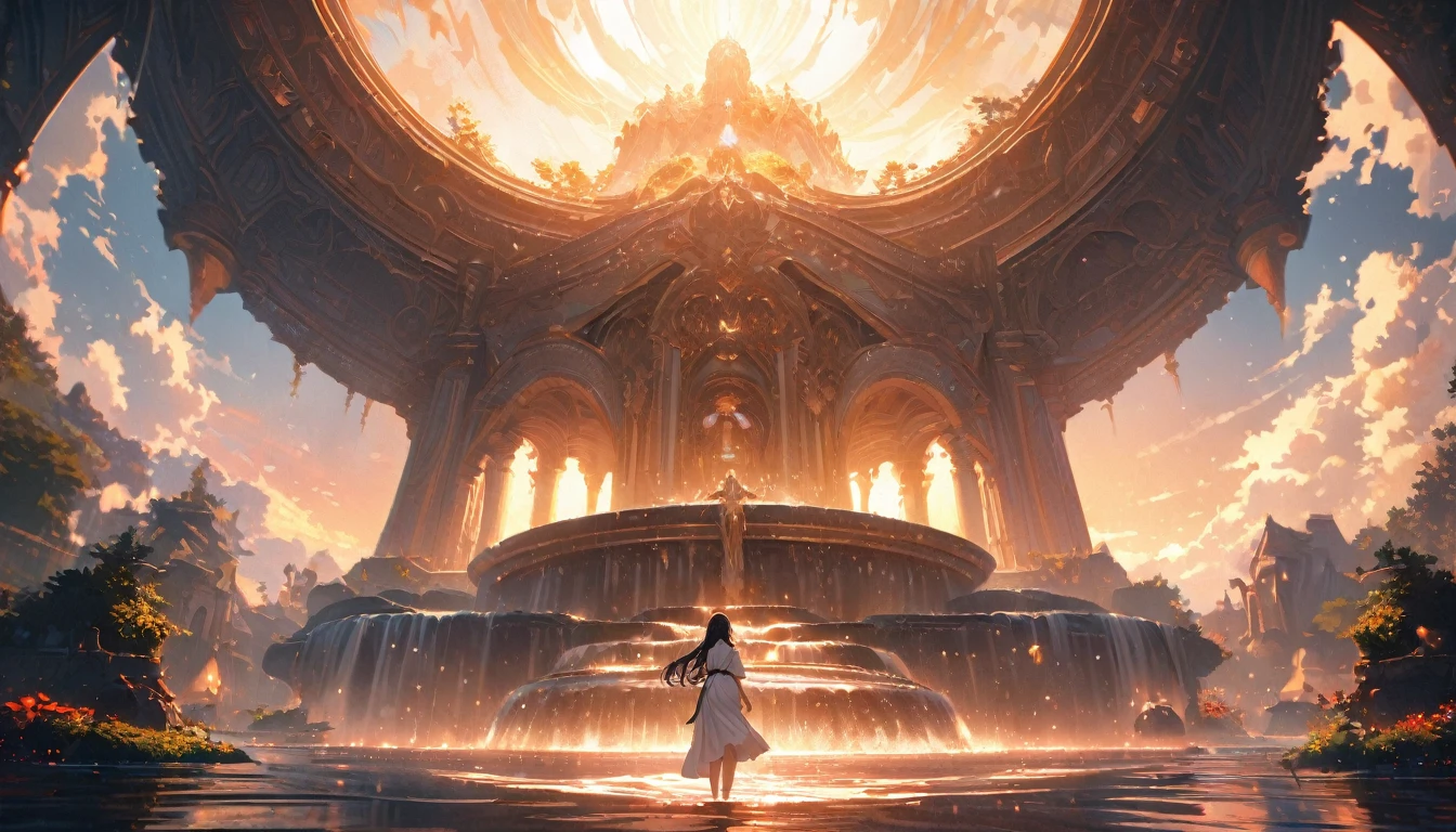 A girl praying in a fountain, Black long hair, A melancholic look, White kimono, masterpiece, best quality, high quality, detailed, ultra detailed, hyper detailed, insanely detailed, exquisite, beautiful, Full-HD, 4K, 8K, 16K, in the morning, beautiful, fantasy, mystical atmosphere, chill atmosphere, classic academia, soft-edged, front view, dynamic angle, wide shot, sunrise, warm lighting, 1/1000 sec shutter speed, in focus with blurred background