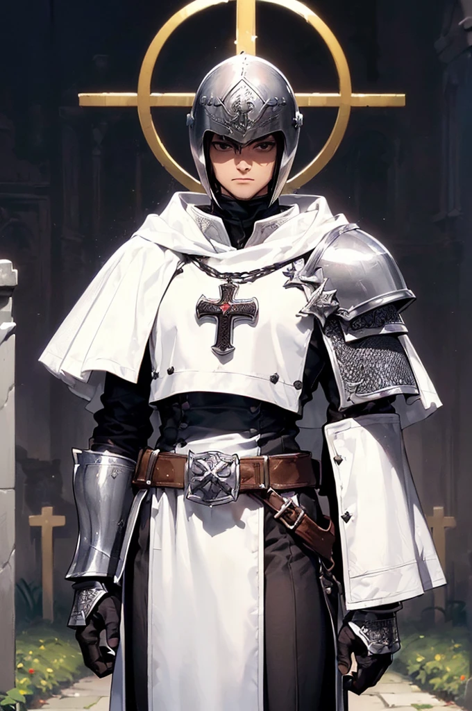 (masterpiece; best quality: 1.2), ((1 man)), ((solo)), (black eyes: 1.4), (body; toned, lean, masculine: 1.3), (beautiful and clear background: 1.2), ((depth of field)), (equipment: templar + surcoat with cross + chainmail shirt + closed helmet + gauntlets + greaves + white cloak : 1.3), (anime illustration: 1.2), (background composition; garden + plants: 1.1), (extremely fine and handsome: 1.1), (shot composition; standing + centered on torso + close-up: 1.5)