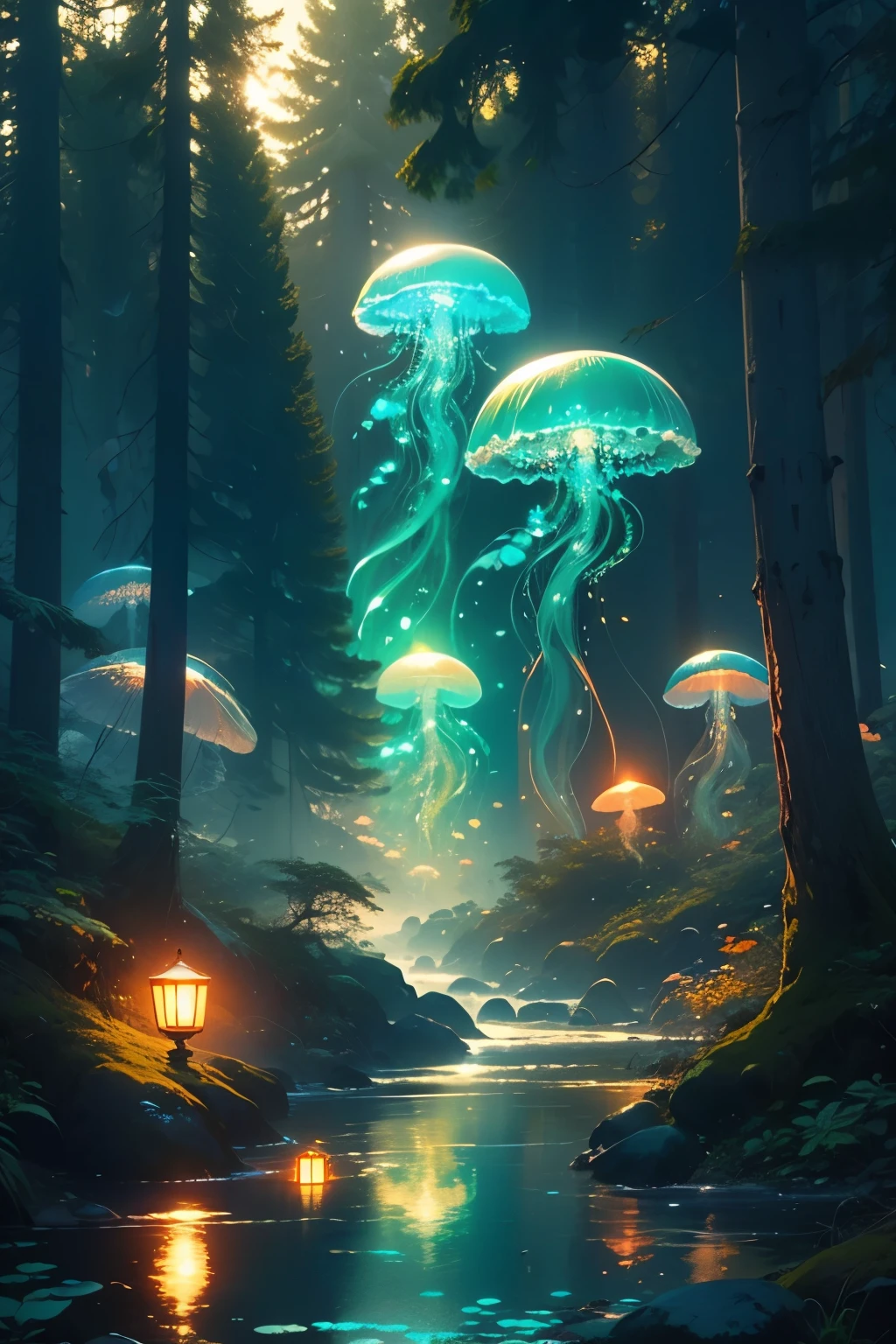 Five different colored jellyfish in the forest