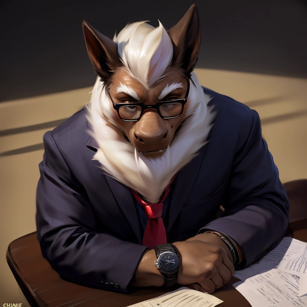 Dragon, Male, Solo, Sitting on Chair, Wearing Teacher Attire, Neck Tie, Wearing Eyeglasses, White Hair, White Beard, Scales, Furless, Wearing Watch, Desk with Paper Works, Blackboard Background, Handsome, Beefcake, Sexy, Daddy, (Realistic shadows, depth of field, Wide Dynamic Field, Dark Shadows, HDR, Low Light: 1.2, High Angle Close Up Body Shot), (by null-ghost, by Chunie, by darkgem)