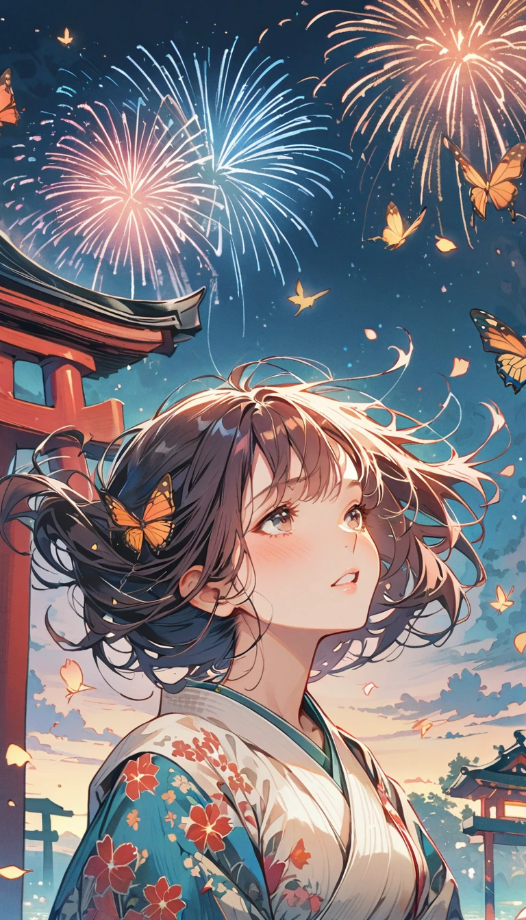 Japanese girl with leaf hair、Photographed from the front、from adove、masterpiece、Highest quality、Looking up、Cherry blossom petals、Lots of butterflies々Fluttering、torii、Lots of fireworks、Night Sky