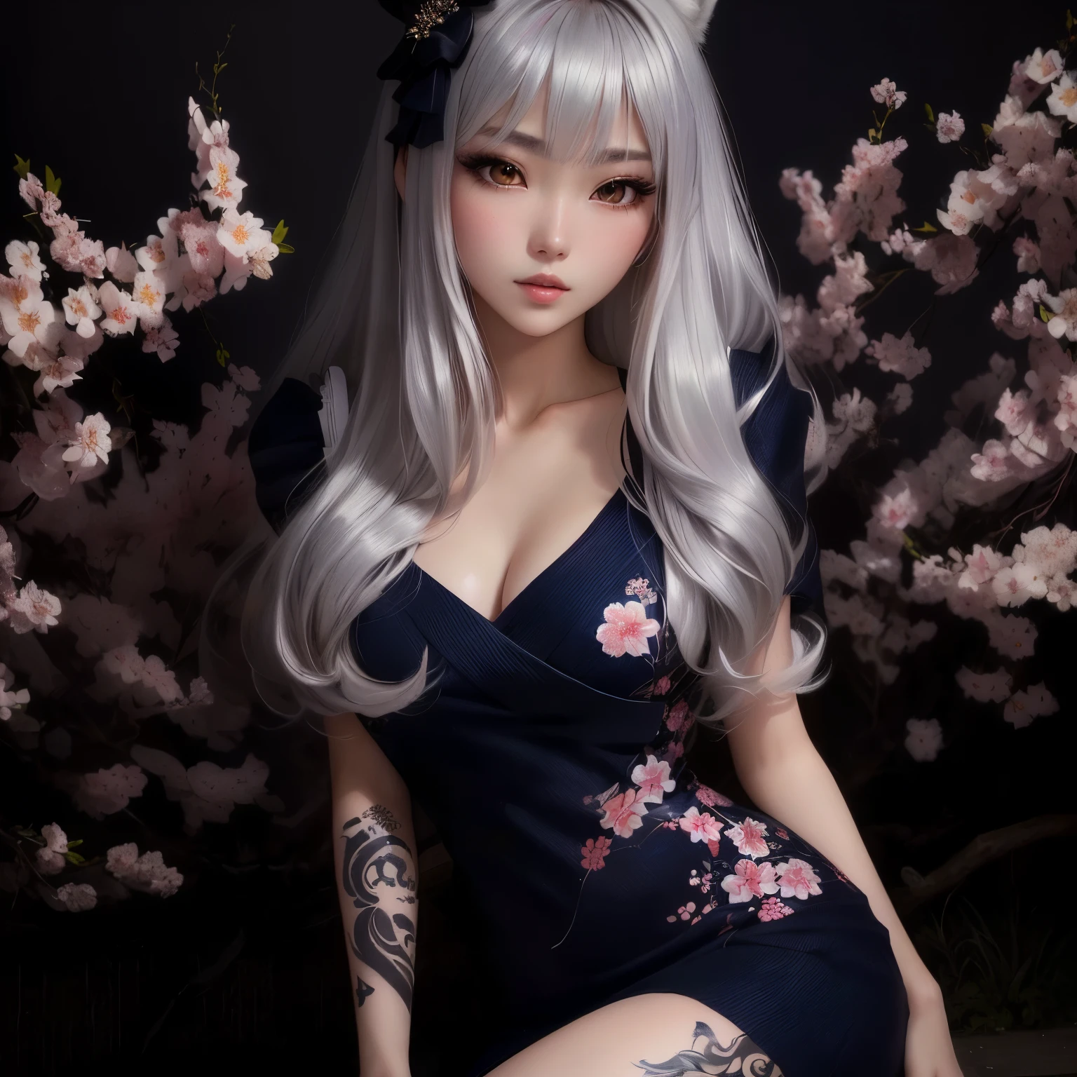 a close up of a woman with long hair and a tattoo on her arm, japanese goddess, anime barbie doll, seductive anime girl, trending on cgstation, beautiful alluring anime woman, asian girl, skydoll noa, shikamimi, trending at cgstation, long silver hair with a flower, ultrarealistic sweet bunny girl, sakimichan