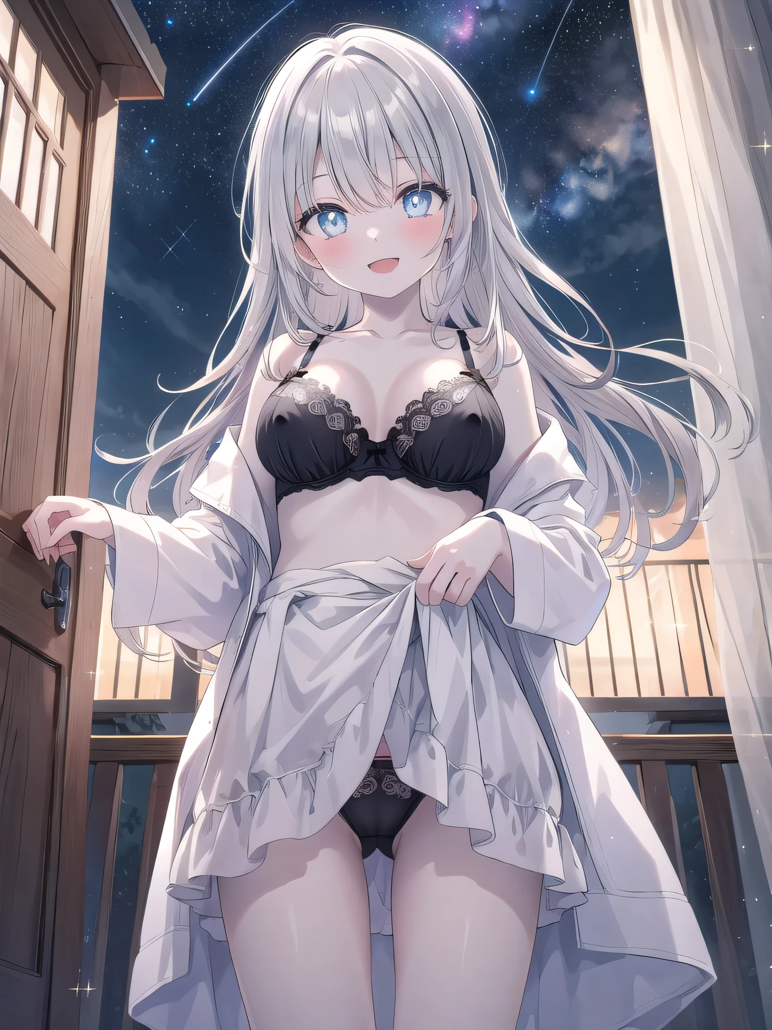 (8K, Highest quality, Masterpiece:1.3)), Ultra high quality, (1 girl, 1 person), (Color changing eyes, Ultra detailed, Expressive glow, Sparkling eyes), Very detailed eyes, Very detailed face, Random hair, (Silver gray color), Exposed, Pale pink bathrobe, Balcony, (Night view, Starry sky:1.2), (Cute bra and cute panties:1.1), (Ecstatic expression:1.3), Standing, Erect nipples, Angle from below, White skin, Fantastic light