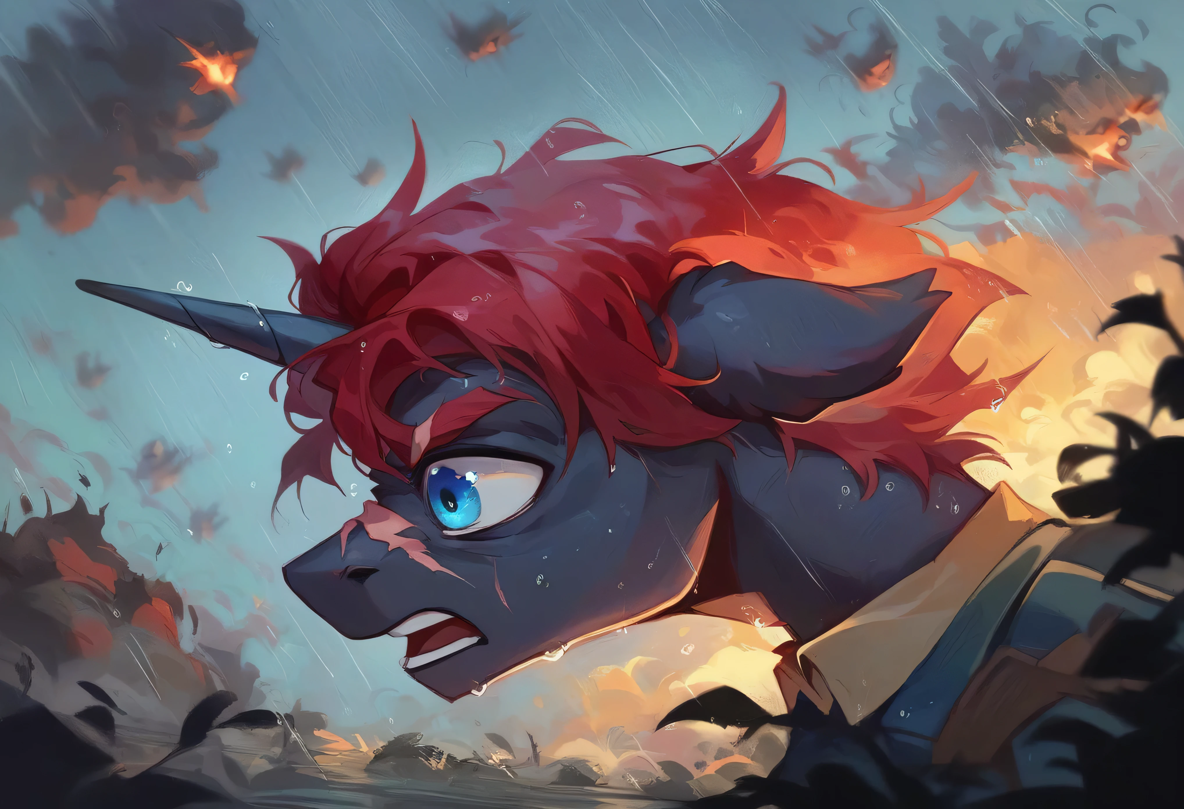 Male alicorn pony, black fur, long red hair, deep blue eyes, red feathers on wings, scar over left eye, red striping, vietnam-era helicopter pilot uniform, boonie hat, in a swamp, explosion in background, raining, wet hair, thousand-yard stare, scared, close-up portrait 