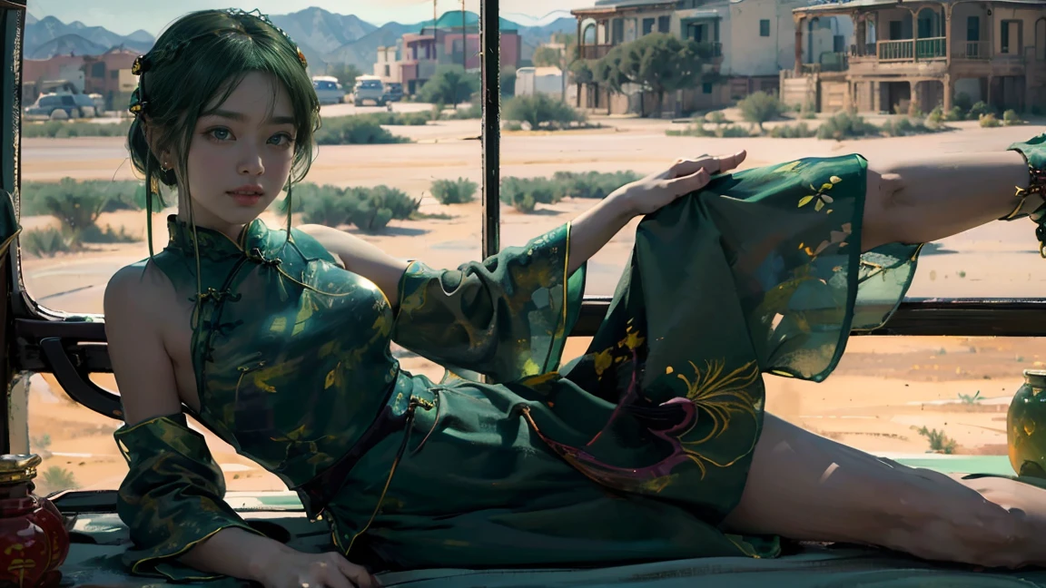 sunrise，Oil painting style，(Cute girl by the window of luxury car:1.2)，Exquisite eyes，The background is a dilapidated desert town，obesity,(look up:1),(Show your teeth:1.3),leg，Green Hair,(Dark green cheongsam:1.4),(Hot summer:1.2),(Gemstone decoration:1.2),(Fat Girl:0.5)，Laugh hehe