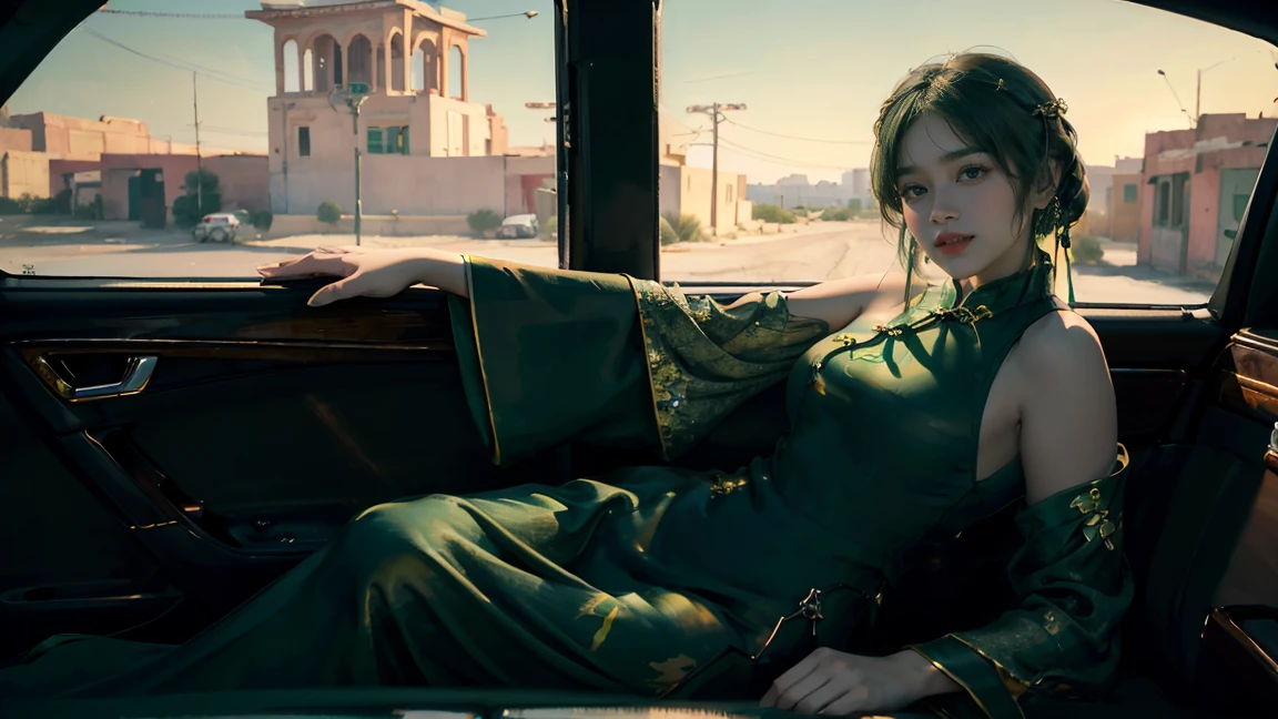 sunrise,Oil painting style,(Cute girl by the window of luxury car:1.2),Exquisite eyes,The background is a dilapidated desert town,obesity,(look up:1),(Show your teeth:1.3),leg,Green Hair,(Dark green cheongsam:1.4),(Hot summer:1.2),(Gemstone decoration:1.2),(Fat Girl:0.5),Laugh hehe