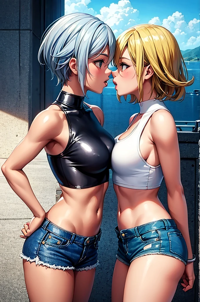 Two hot girls kissing, hot, Tongue kiss,weather, a blonde girl wearing a blue crop top and short denim shorts, another With silver hair, wearing a latex crop top 