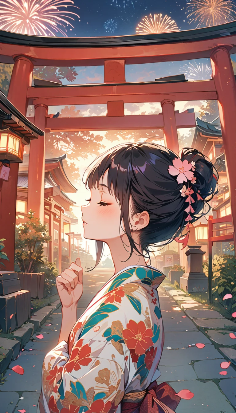 Japanese girl with leaf hair、Photographed from the front、from adove、masterpiece、Highest quality、Looking up、Black Hair、kimono、Cherry blossom petals、Lots of butterflies々Fluttering、torii、shrine、Lots of fireworks、Night Sky