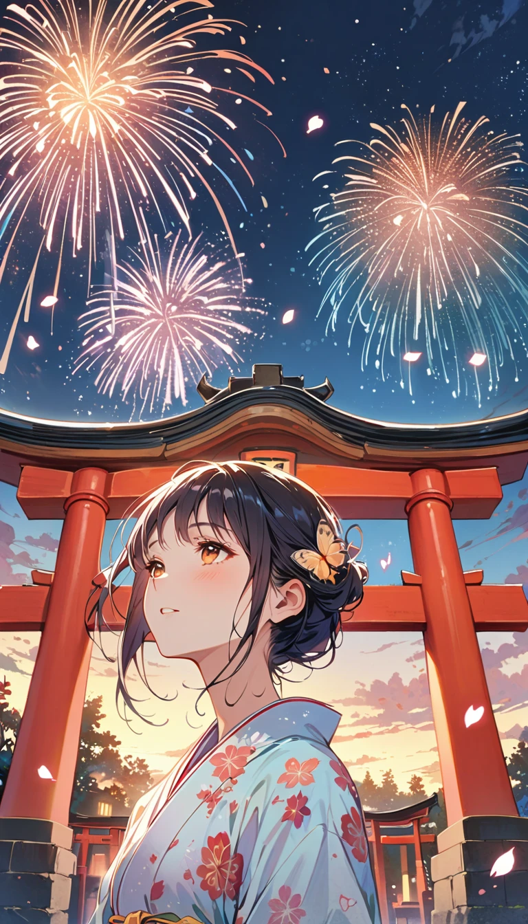 Japanese girl with leaf hair、Photographed from the front、from adove、masterpiece、Highest quality、Looking up、Black Hair、kimono、Cherry blossom petals、Lots of butterflies々Fluttering、torii、shrine、Lots of fireworks、Night Sky