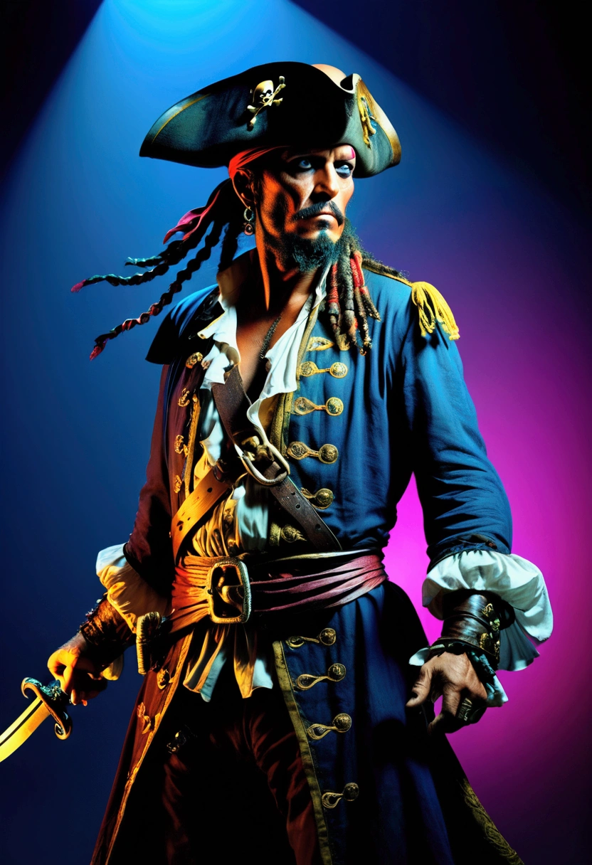 (Pirate War:1.2), in the style of neon lights, studio photography, lithograph, photo taken with provia, sharpen lens, sombre, captivating chiaroscuro, dynamic movement, full body, (special effects:0.1), award-winning, cinematic still, emotional, vignette, dynamic, vivid, (masterpiece, best quality, photorealistic, Professional, perfect composition, very aesthetic, absurdres, ultra-detailed, intricate details:1.3)