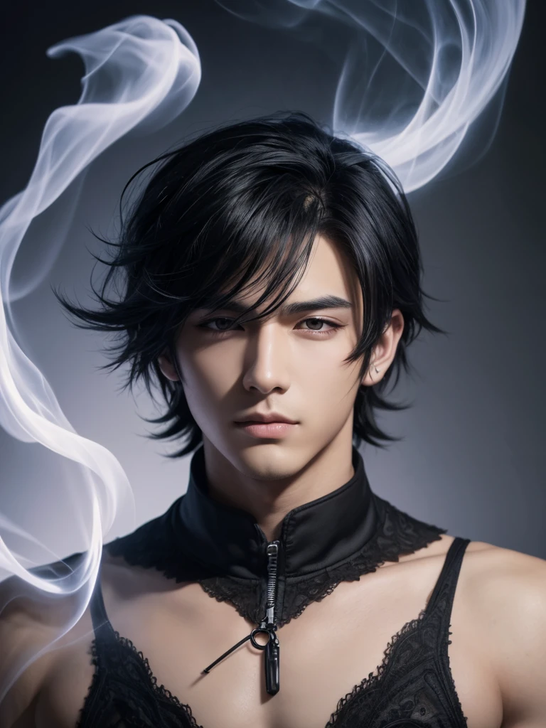 Handsome young man, black hair, delicate, 4k, piercing, wolf, smoke, sex appeal, anime, manga, illustration