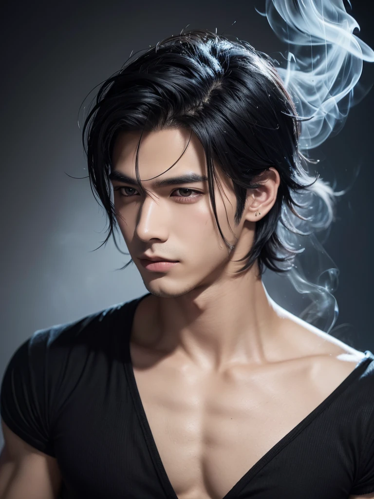 Handsome young man, black hair, delicate, 4k, piercing, wolf, smoke, sex appeal, anime, manga, illustration