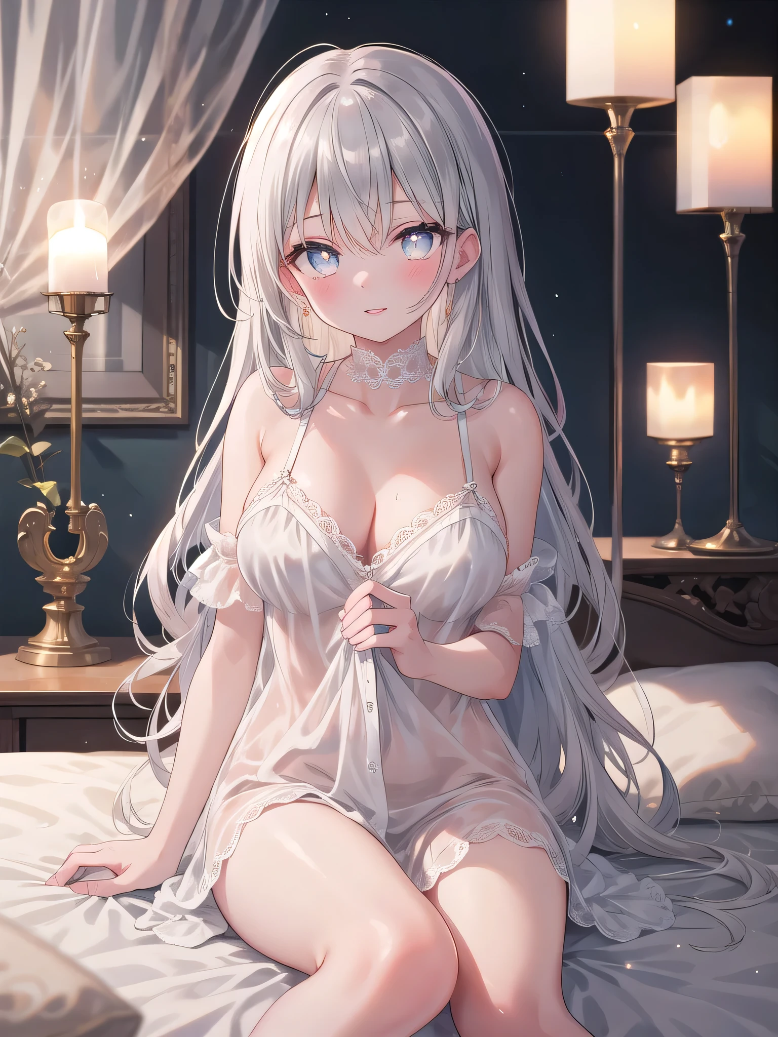 (8K, Highest Quality, Masterpiece:1.3)), Ultra High Resolution, (1 Girl, 1 Person), (Color Changing Eyes, Super Detailed, Expressive Shine, Sparkling, Glowing Eyes), High Definition Eyes, High Definition Face, Random Hair, (Silver Gray Color), A scene where a silver-haired woman is seducing with a seductive expression. Her hair is silky smooth and shoulder-length. Her eyes are deep blue, with slightly enlarged pupils and droopy eyes that give her an ecstatic expression. She is wearing a lace negligee, and you can see how the delicate material is gently touching her skin. The negligee is pale pink, and the thin fabric beautifully accentuates her body lines. The shoulder straps are thin and almost slip off her shoulders. Her expression is very seductive, and her ecstatic eyes give off a charming aura. A smile appears on her mouth, and a sweet whisper seems to be heard from her slightly parted lips. Her cheeks are slightly flushed, with a subtle light reflecting off her high cheekbones. Her silver hair is in natural waves, softly draped around her face. In the background is a room lit by soft candlelight. The flickering candle flames cast a dreamy shadow on her hair and nightgown. At the back of the room is a bed, with silk sheets spread out softly. Flowers are displayed by the bedside, and a sweet scent fills the air throughout the room. The camera angle is at eye level with her, highlighting her captivating expression and curves. The light is soft, giving her skin a gentle glow. The candlelight in the background reflects off her hair and nightgown, creating an overall dreamy atmosphere. Seven-color light grain effects are added throughout, giving the surroundings a dreamy glow.