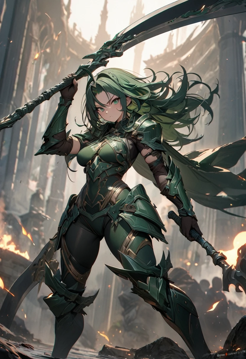 masterpiece, 8k, best quality, highly detailed, a human female warrior wielding a pair of curved scythes made of a dark green metal in each hand 