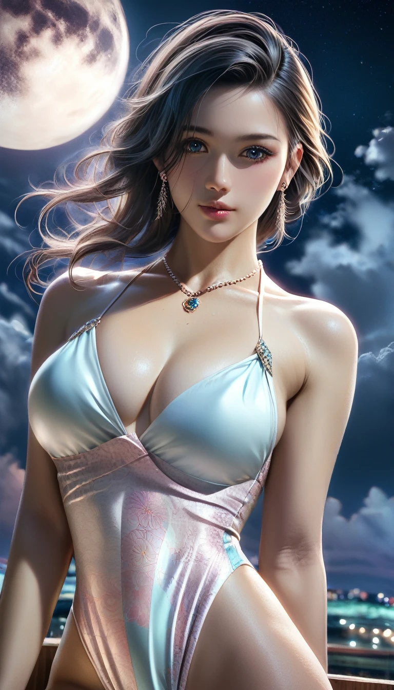 score_9, score_8_superior, score_7_superior, A masterpiece in 32K resolution,Highest quality,it is really amazing,Very detailed,Ultra-high resolution,(Ultra-realistic:1.5),(Realistic:1.5),Increased depth of field,Cinematic lighting,
Elegant Japanese MILF,
Long black hair,Ultra-detailed and beautiful face,(Gentle expression:1.1),Translucent white skin,(Realistic skin texture:1.3),
(Sexy Swimwear:1.1),
Bold design,Artistic design,Beautiful and detailed pattern,Detailed fabric texture,
Gorgeous necklace,Earrings,
Coastline at night,(Giant Moon:1.1),(Dark clouds floating in the dark night sky:1.1),
(Dramatic Angle:1.2),