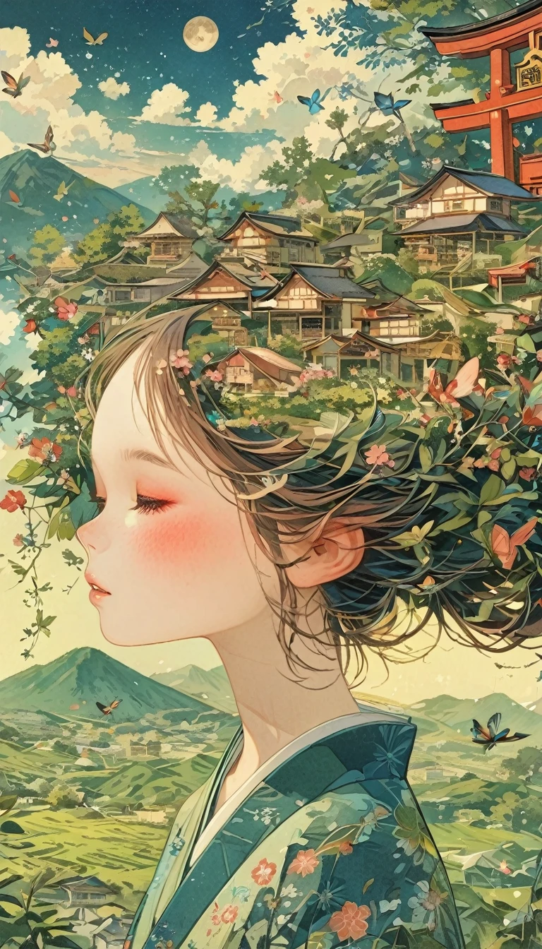 Japanese girl with leaf hair、Photographed from the front、from adove、masterpiece、Highest quality、Looking up、Black Hair、kimono、Cherry blossom petals、Lots of butterflies々Fluttering、torii、shrine、Big Moon、Night Sky