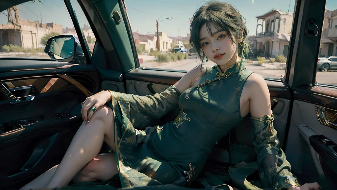 sunrise，Oil painting style，(Cute girl by the window of luxury car:1.2)，Exquisite eyes，The background is a dilapidated desert town，obesity,(look up:1),(Show your teeth:1.3),leg，Green Hair,(Dark green cheongsam:1.4),(Hot summer:1.2),(Gemstone decoration:1.2),(Fat Girl:0.5)，Laugh hehe