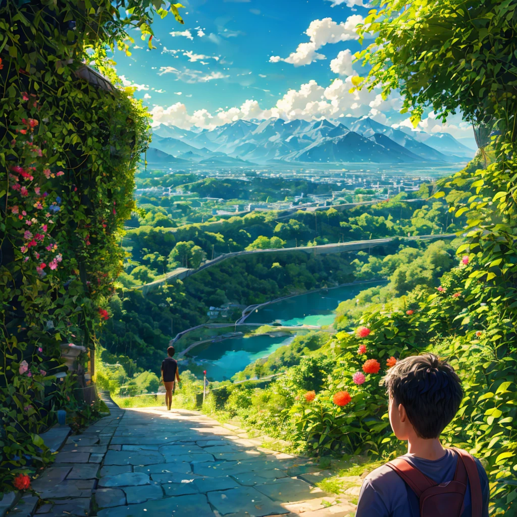 On the right bank of the lake, there is a path leading to the town in front of the castle, with a castle tower in the background., Panorama, Majestic Landscape, Boy in the back, Girl in the back, A hill full of flowers, (Dahlia, Mimosa, gentian), A boy and a girl looking down on the town from the top of a hill, A walled town on the lakeside, The path leading to the cliffs, Brave the Mountains of Asia, Smoke in the light rain, (Great composition), masterpiece, An illustration, Time to walk the mountain path, Karst columnar forest, There are lots of plants, Valley in the mountains, View from afar, Made of fantasy