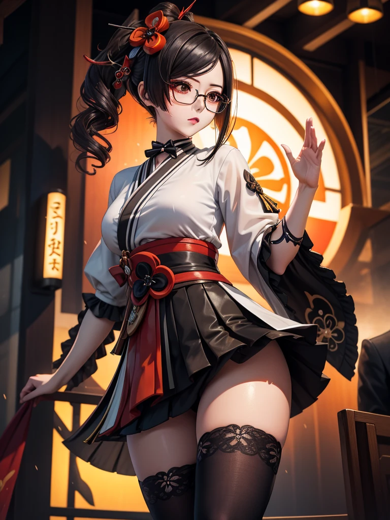 Chiori, (genshin impact), Sexy aesthetic wet short skirt white shirt short black skirt black stockings long hair glasses hands raised RGB. 32kK UHD.