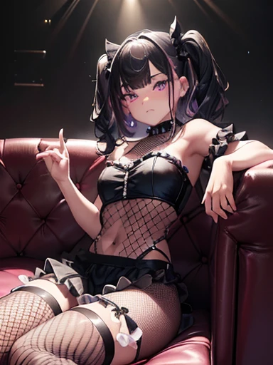 (8k、Best image quality、Highest quality、Accurate human body、Someone knowledgeable、Correct five-finger、4K - ultra-vivid、Highest quality, masterpiece, Ultra-high resolution, Detailed Background、The perfect background、
Oily skin, Glowing Skin、Realistic skin texture、Beautiful skin in every detail、Glowing Skin、Glowing Skin,
masterpiece)、
One Girl、Black hair twin tails、short hair、Wavy Hair、Blunt bangs、Purple eyes、Expressionless、Piercing modest chest、Pink frilly outfit、Off-the-shoulder strapless、Black mini skirt、((Fishnet tights))、Platform leather shoes、squat、
(((Dim lighting)),(Sit on a large velvet leather sofa、She looked up as if to snuggle up to me..、Night Patrol:1.2, Lounge Girl:1.3, Please sit right next to me:1.3, throw:1.2, drink alcohol)、(Sweet face:1.5)