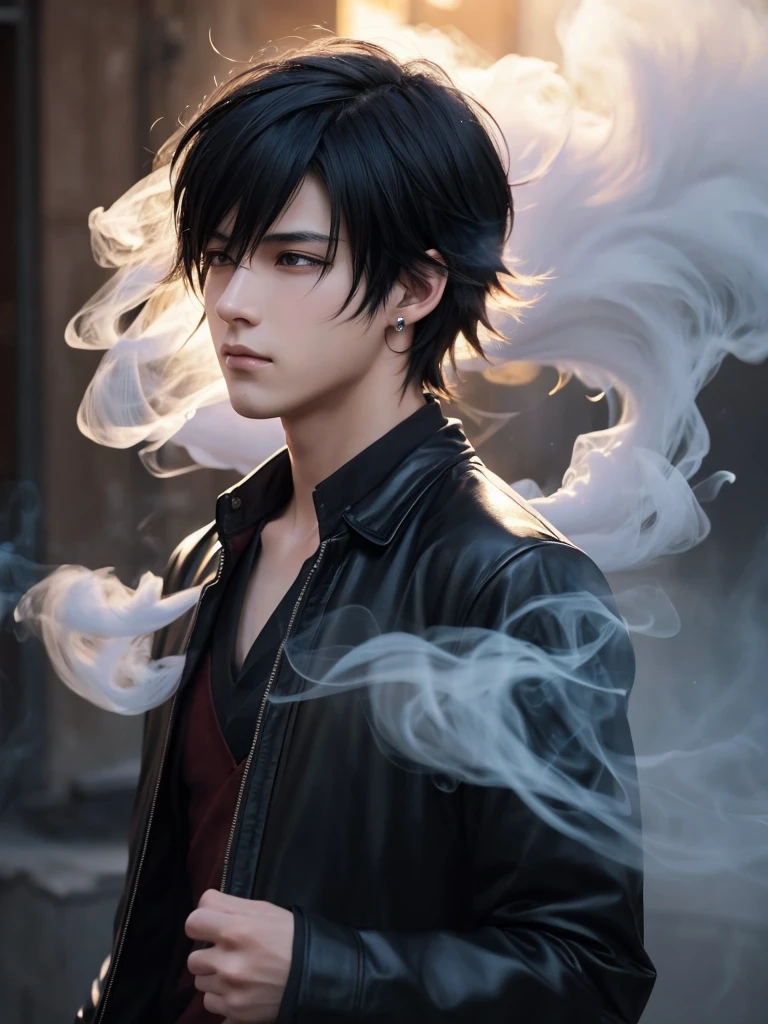 Handsome young man black hair delicate 4k piercing wolf smoke anime manga illustration Makoto Shinkai