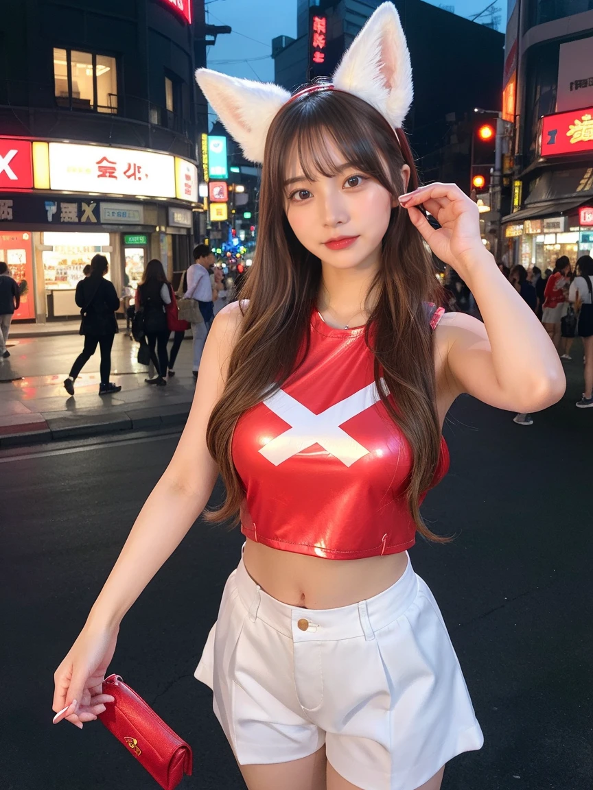最high quality, masterpiece, 32K、Very detailed、Realistic、Four Girls, Japanese women、Cute Face, (photo Actual:1.3),Medium Hair(Blonde Hair Color、Great brown hairstyles)、Edge lighting, (Skin with attention to detail:1.2), 8k超High resolution, Single-lens reflex camera, high quality, High resolution, 4K, 8k, Optimal ratio of four fingers to one thumb, (Actual:1.3), cute Four Girls, Realistic、Super Realistic、32K、Very detailed、masterpiece, 最high quality, beautiful girl, beauty、Mecha, Beautiful lighting, (Neon Light:1.2), (night:1.5), K-POPアイドルコスチューム、Sleeveless outfit、Red shorts、Red shiny shorts、Large Breasts(big 、There is a valley)、Swiss Flag T-Shirt、cowboy red hat、Red waist pouch、fox ears headband、Are standing、Cyber Neon、Future City、Skyscraper、都会のnight、Shanghai、big cities、night景、綺麗なnight景
