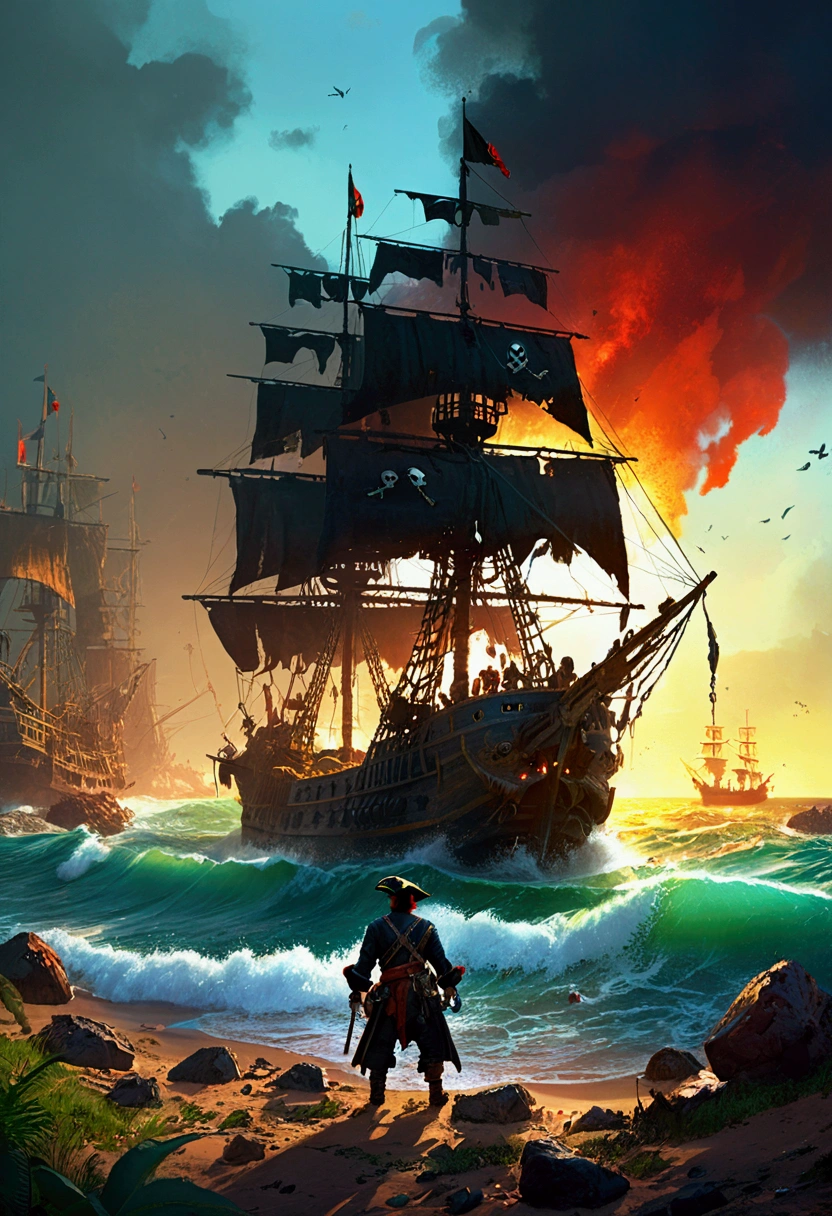 Pirate War, by Ismail Inceoglu, cinematic still, chiaroscuro, dynamic, (best quality, masterpiece, photorealistic), very aesthetic, perfect composition, intricate details, ultra-detailed, vivid colors
