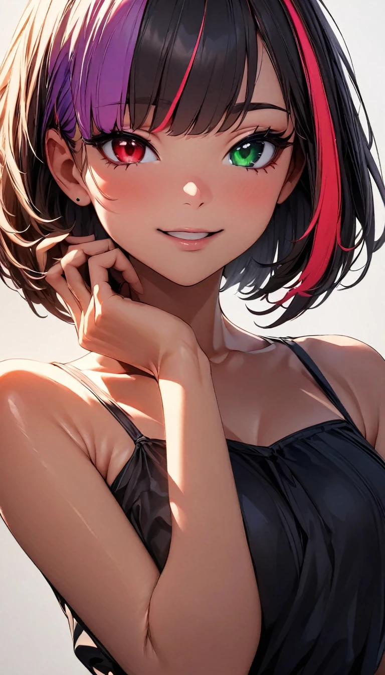 (highest quality:1.2, Very detailed, up to date, Vibrant, Ultra-high resolution, High Contrast, masterpiece:1.2, highest quality, Best aesthetics), Portraiture、girl、solo, (25-years-old:1), slim, heterrochromia, green eye, red eye, Bright colors、Beautiful fine details、Beautiful lip detail、extra short hair, ((bob cut:1.5))、pink and purple, ((streaked hair:1.9)), (highlights hair: 1.6), ( black Satin Camisole Set:1), (medium breast:0.7), (tan skin:0.5), (happy:1), standing, Front facing, (No background:1.4), ((Plain white background:1.3)), (cowboy shot:1.6), look at viewer