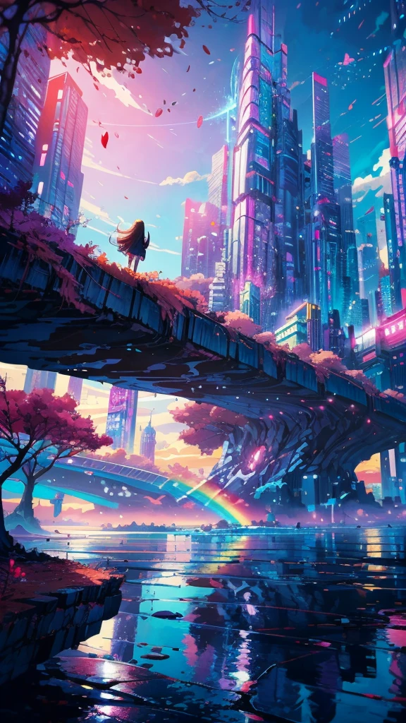 Anime girl standing in big city looking at rainbow sky,Near Future City、 makoto shinkai cyril rolando, anime art wallpaper 4k, anime art wallpaper 4k, Anime art wallpaper 8k, inspired by Cyril Rolando, in the style dan mumford artwork, amazing wallpapers, by Yuumei