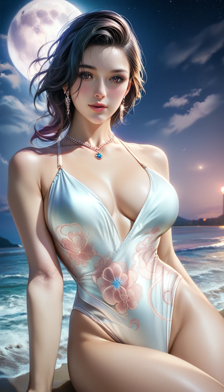 score_9, score_8_superior, score_7_superior, A masterpiece in 32K resolution,Highest quality,it is really amazing,Very detailed,Ultra-high resolution,(Ultra-realistic:1.5),(Realistic:1.5),Increased depth of field,Cinematic lighting,
Elegant Japanese MILF,
Long black hair,Ultra-detailed and beautiful face,(Gentle expression:1.1),Translucent white skin,Realistic skin texture,
(Sexy Swimwear:1.1),
Bold design,Artistic design,Beautiful and detailed pattern,Detailed fabric texture,
Gorgeous necklace,Earrings,
Coastline at night,(Giant Moon:1.1),(Dark clouds floating in the dark night sky:1.1),
(Dramatic Angle:1.2),