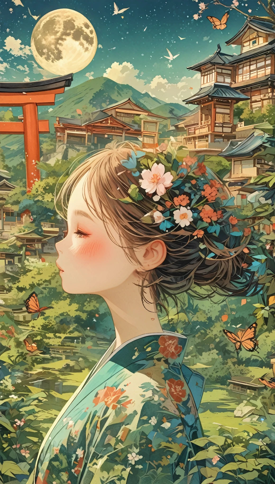 Japanese girl with leaf hair、Photographed from the front、from adove、masterpiece、Highest quality、Looking up、Black Hair、kimono、Cherry blossom petals、Lots of butterflies々Fluttering、torii、shrine、Big Moon、Night Sky