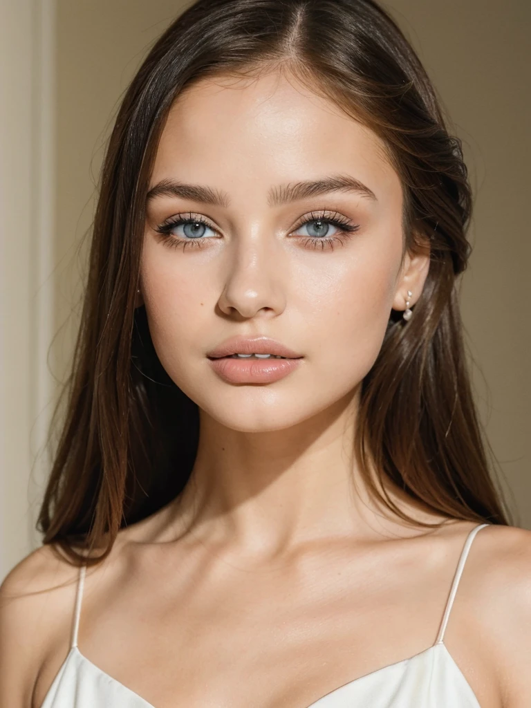 Close-up of a woman in a white dress posing for a photo, Photo of a beautiful woman, soft portrait 8k, Beautiful model girl, Portrait of Sophie Mudd, Beautiful model girl, extremely beautiful face, beautiful detailed body and face, beautiful face, beautiful delicate face, Portrait of a beautiful model, beautiful face portrait, beautiful delicate face, beautiful young model