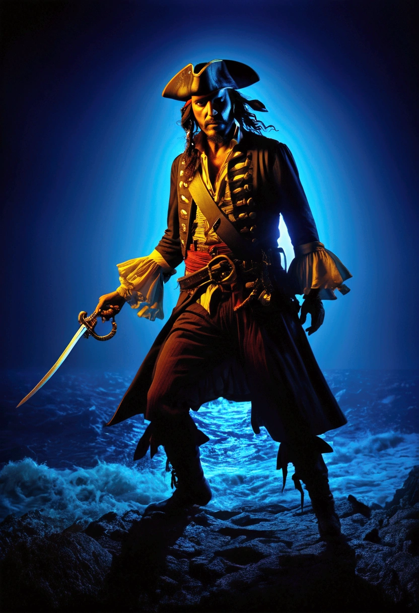 (Pirate War, sea), in the style of neon lights, lithograph, photo taken with provia, sharpen lens, sombre, captivating chiaroscuro, dynamic movement, full body, (special effects:0.1), award-winning, cinematic still, emotional, vignette, dynamic, vivid, (masterpiece, best quality, photorealistic, Professional, perfect composition, very aesthetic, absurdres, ultra-detailed, intricate details:1.3)