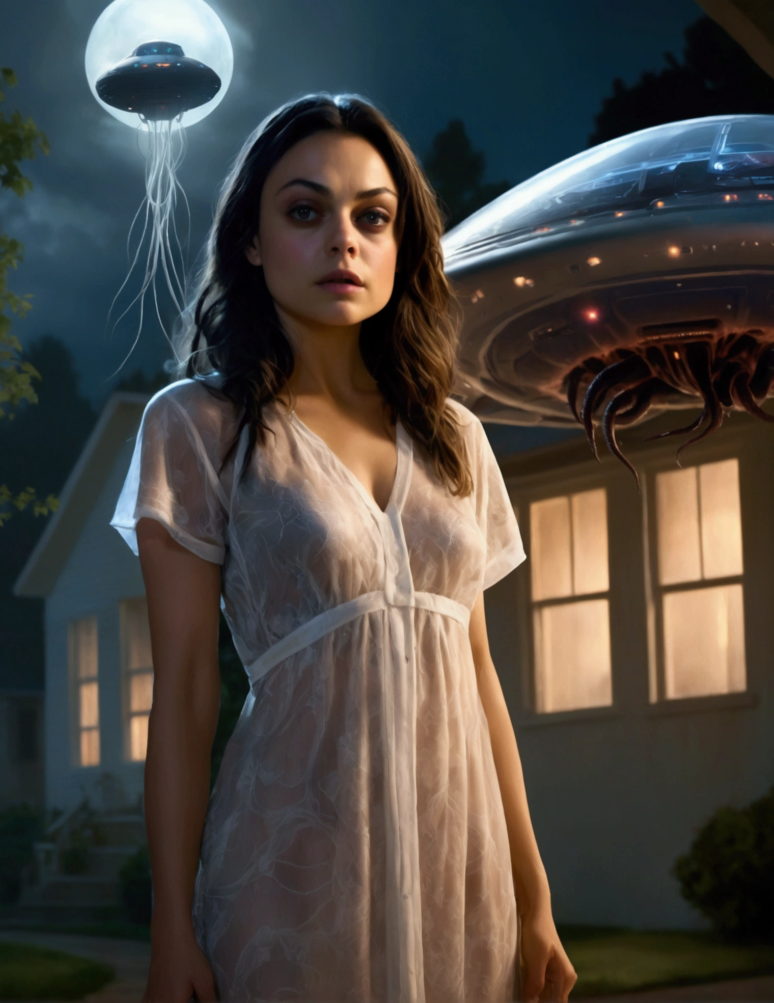 a beautiful young woman (Mila Kunis, age 25), wearing a sheer nightgown, standing in a trance-like state outside her house, a UFO hovering outside the window, extending giant slimy eldritch tentacles that restrain her arms and legs as it draws her into the UFO, dark moody lighting, cinematic composition, highly detailed, photorealistic, concept art style