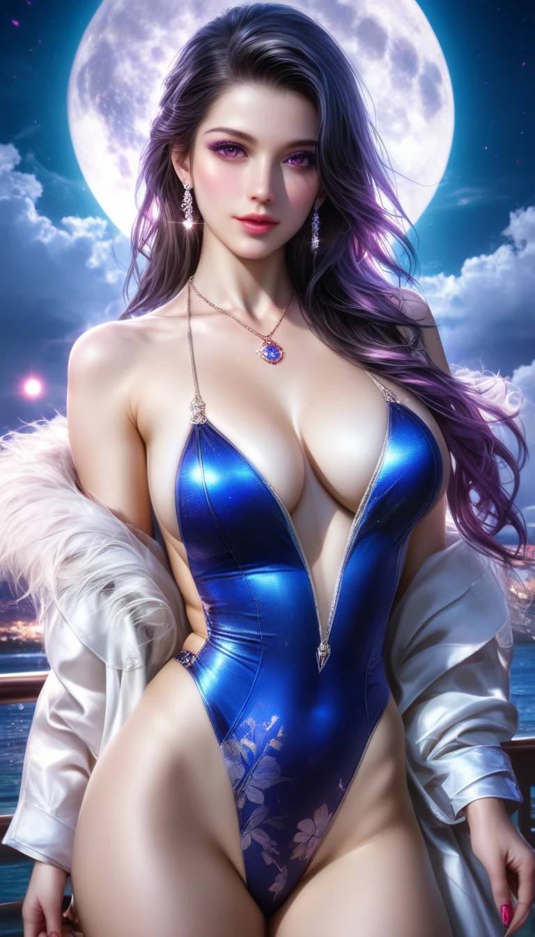 score_9, score_8_superior, score_7_up, highest quality, masterpiece, 
photo realistic, vibrant colors, chiaroscuro lighting, dark theme, 
an elegant woman wearing a plunging swimsuit, 
colored hair, lustrous skin, pale skin, seductive pose, 
black background, 
dynamic angle, portrait, 