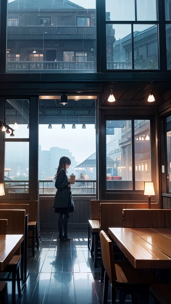 Create an image of a coffee shop with the view from inside and raining outside.