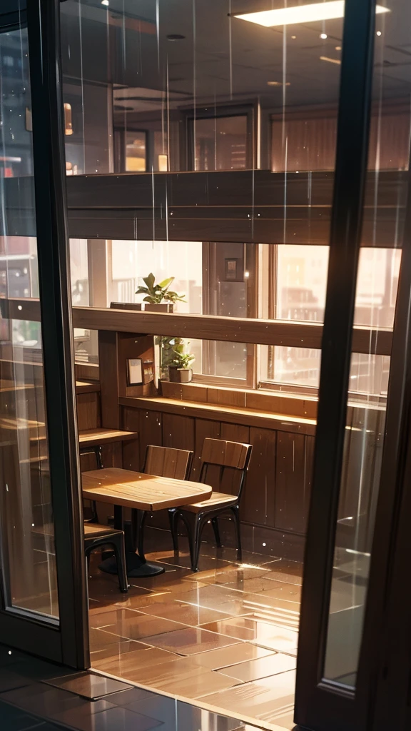 Create an image of a coffee shop with the view from inside and raining outside.