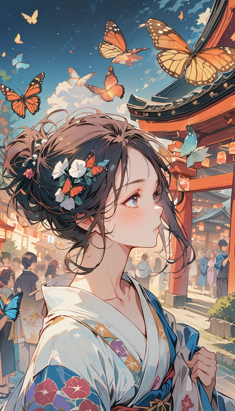 Japanese girl with leaf hair、Photographed from the front、from adove、masterpiece、Highest quality、Looking up、Black Hair、kimono、morning glory、Lots of butterflies々Fluttering、torii、shrine、Festivals、Night Sky